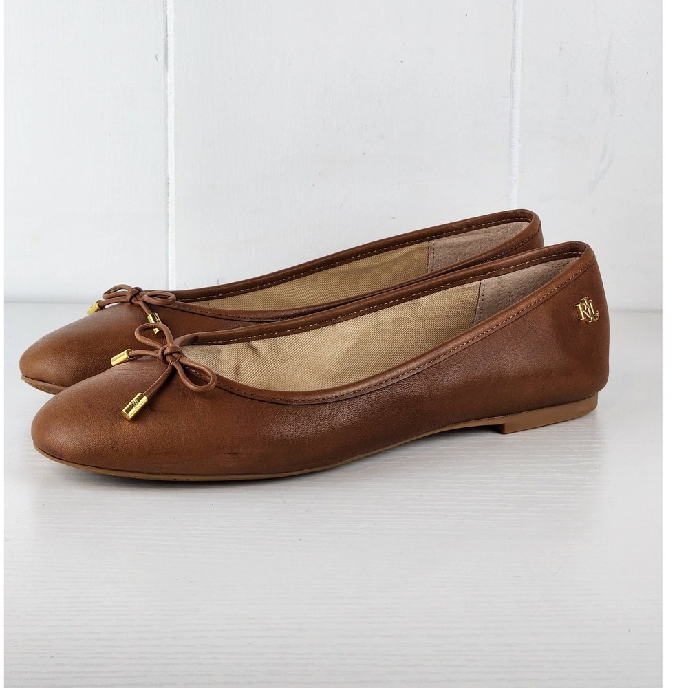 Lauren Ralph Lauren Jayna Tan Leather Ballet Flats Brown Gold Monogram 7.5B